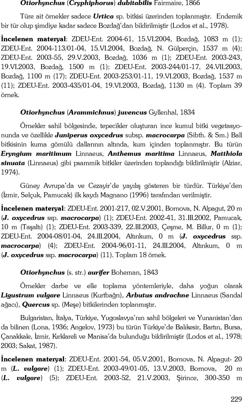 Gülperçin, 1537 m (4); ZDEU-Ent. 2003-55, 29.V.2003, Bozdağ, 1036 m (1); ZDEU-Ent. 2003-243, 19.VI.2003, Bozdağ, 1500 m (1); ZDEU-Ent. 2003-244/01-17, 24.VII.2003, Bozdağ, 1100 m (17); ZDEU-Ent.