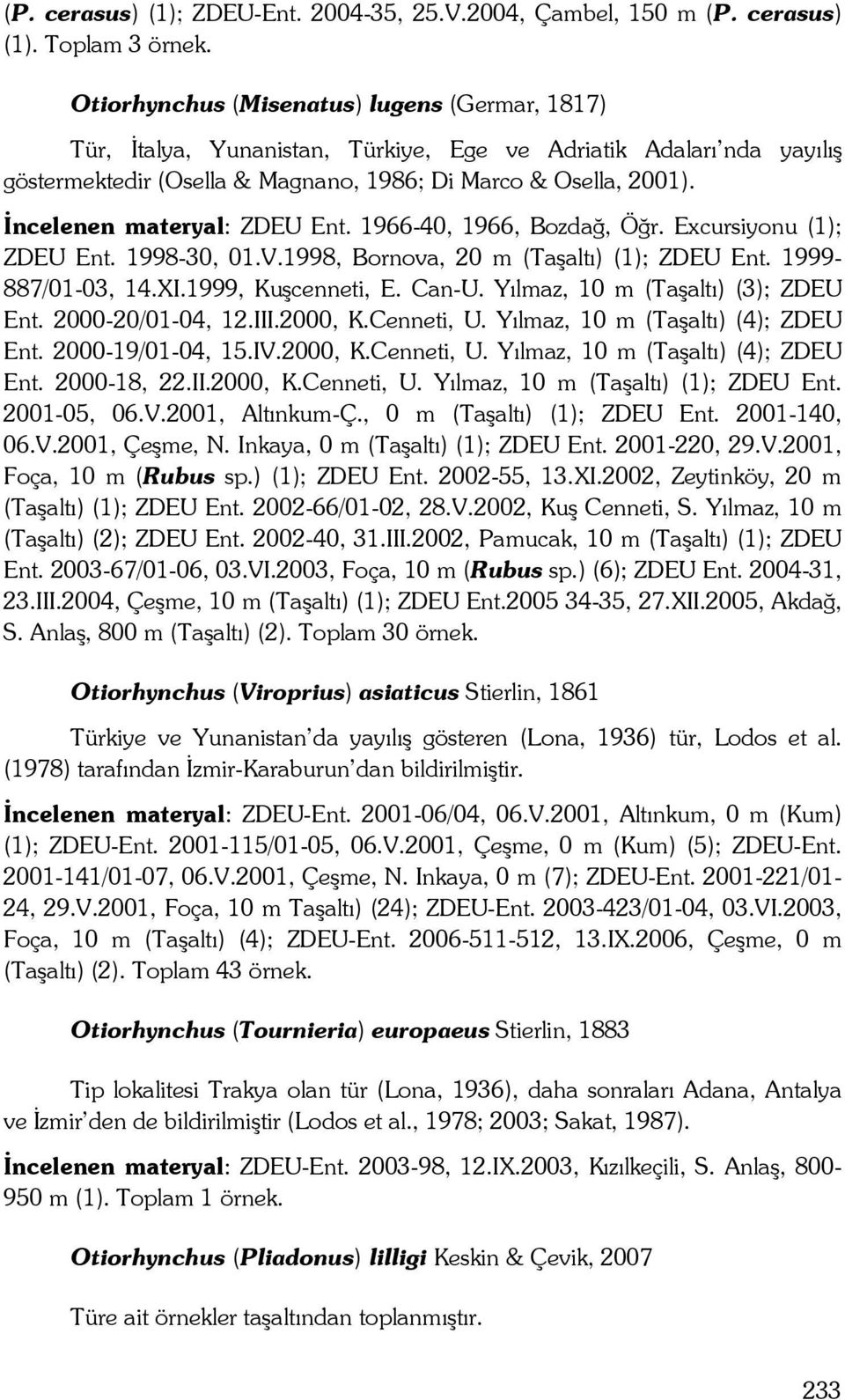 İncelenen materyal: ZDEU Ent. 1966-40, 1966, Bozdağ, Öğr. Excursiyonu (1); ZDEU Ent. 1998-30, 01.V.1998, Bornova, 20 m (Taşaltı) (1); ZDEU Ent. 1999-887/01-03, 14.XI.1999, Kuşcenneti, E. Can-U.
