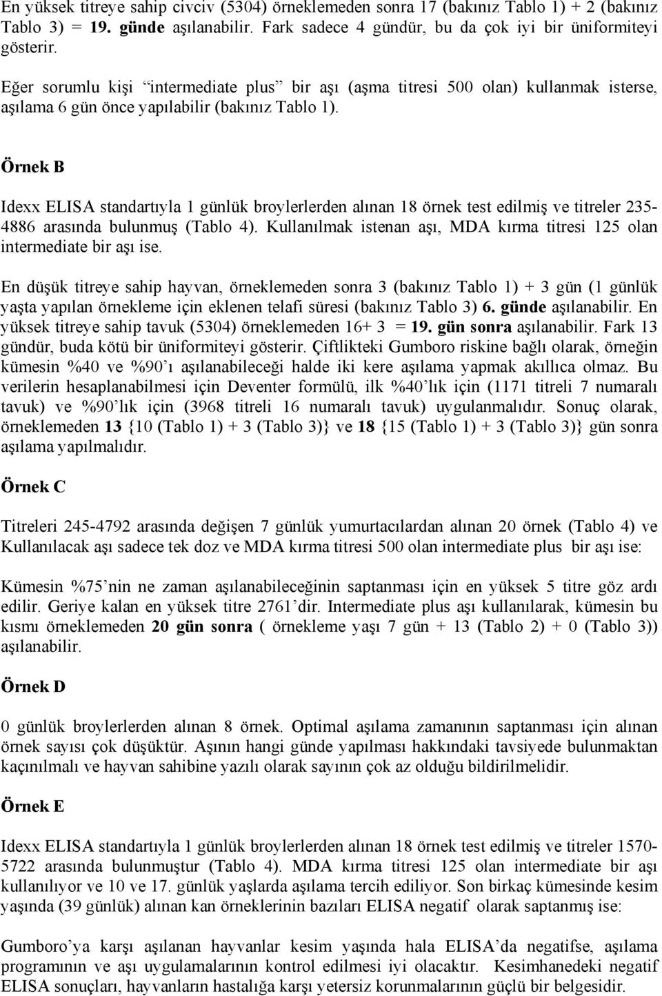 Örnek B Idexx ELISA standartıyla 1 günlük broylerlerden alınan 18 örnek test edilmiş ve titreler 235-4886 arasında bulunmuş (Tablo 4).