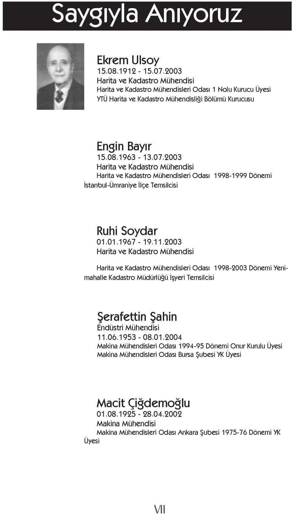 2003 Harita ve Kadastro Mühendisi Harita ve Kadastro Mühendisleri Odası 1998-1999 Dönemi İstanbul-Ümraniye İlçe Temsilcisi Ruhi Soydar 01.01.1967-19.11.