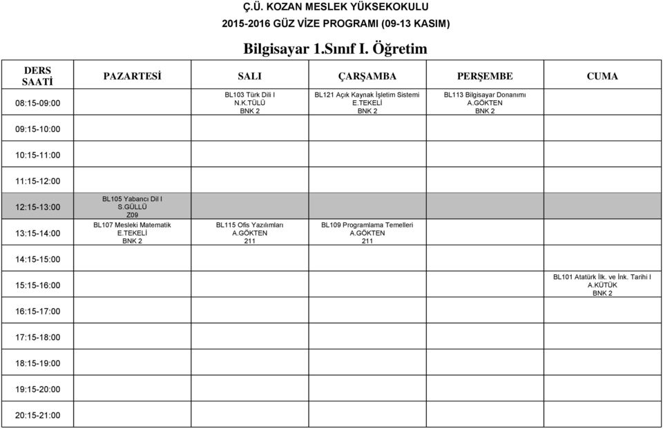 GÖKTEN BL105 Yabancı Dil I S.GÜLLÜ BL107 Mesleki Matematik E.