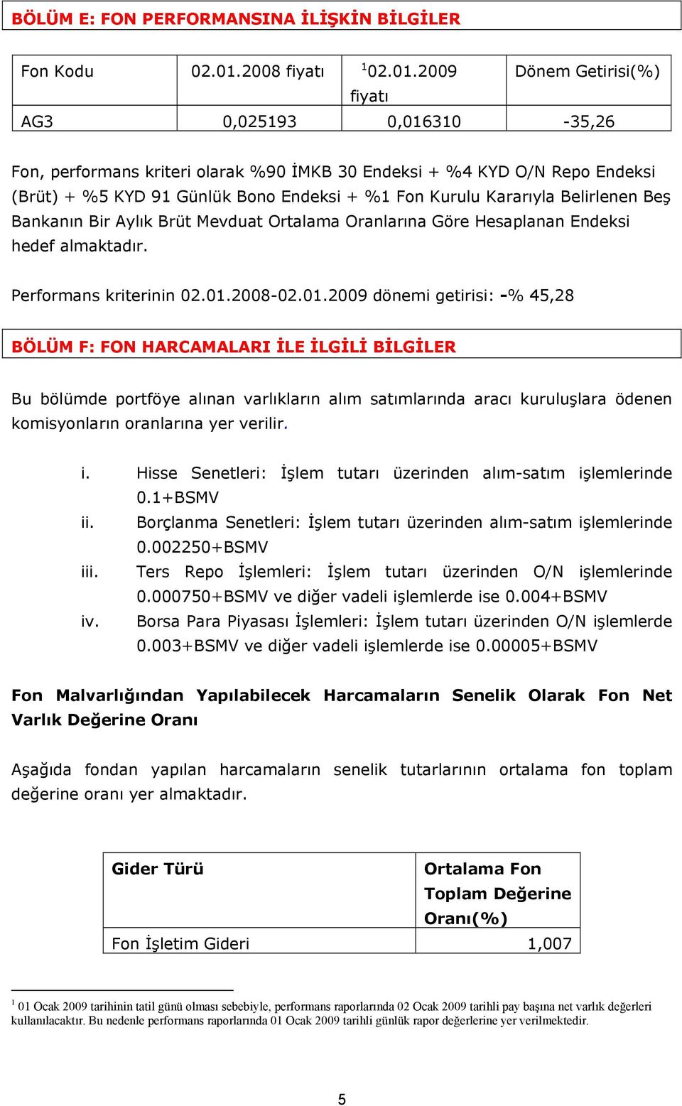 2009 Dönem Getirisi(%) fiyatı AG3 0,025193 0,016310-35,26 Fon, performans kriteri olarak %90 İMKB 30 Endeksi + %4 KYD O/N Repo Endeksi (Brüt) + %5 KYD 91 Günlük Bono Endeksi + %1 Fon Kurulu Kararıyla