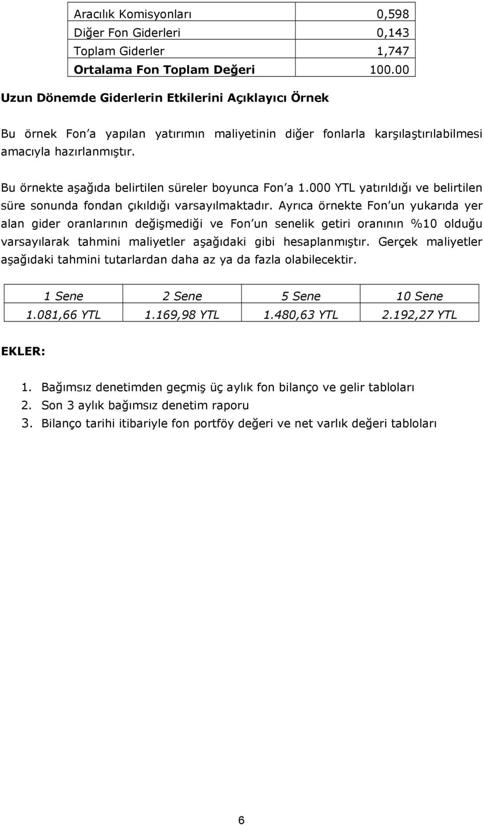 Bu örnekte aşağıda belirtilen süreler boyunca Fon a 1.000 YTL yatırıldığı ve belirtilen süre sonunda fondan çıkıldığı varsayılmaktadır.