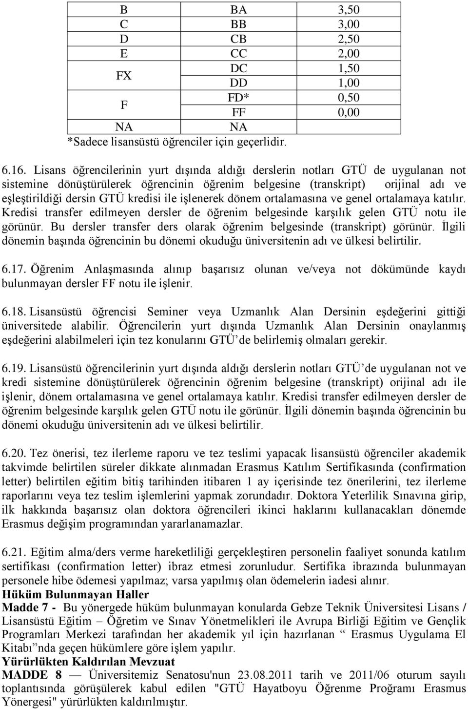 ile işlenerek dönem ortalamasına ve genel ortalamaya katılır. Kredisi transfer edilmeyen dersler de öğrenim belgesinde karşılık gelen GTÜ notu ile görünür.