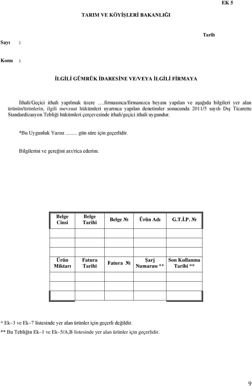 Standardizasyon Tebliği hükümleri çerçevesinde ithali/geçici ithali uygundur. *Bu Uygunluk Yazısı... gün süre için geçerlidir. Bilgilerini ve gereğini arz/rica ederim.