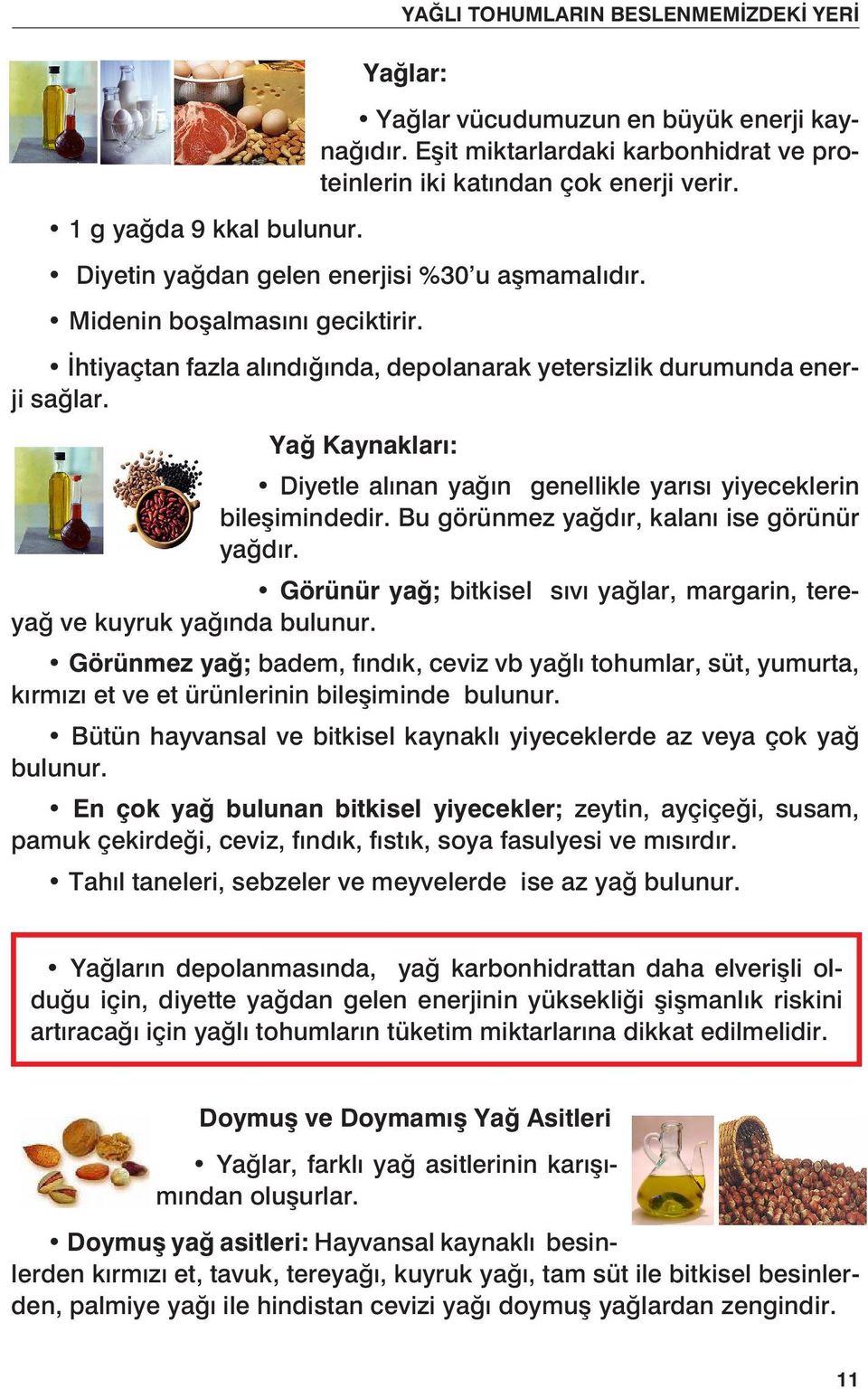 Yağ Kaynakları: Diyetle alınan yağın genellikle yarısı yiyeceklerin bileşimindedir. Bu görünmez yağdır, kalanı ise görünür yağdır.