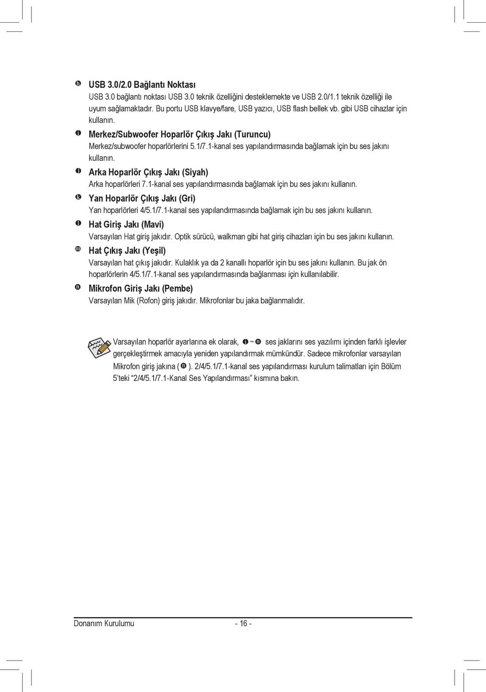 -kanal ses yapılandırmasında bağlamak için bu ses jakını kullanın. Arka Hoparlör Çıkış Jakı (Siyah) Arka hoparlörleri 7.-kanal ses yapılandırmasında bağlamak için bu ses jakını kullanın. Yan Hoparlör Çıkış Jakı (Gri) Yan hoparlörleri 4/5.