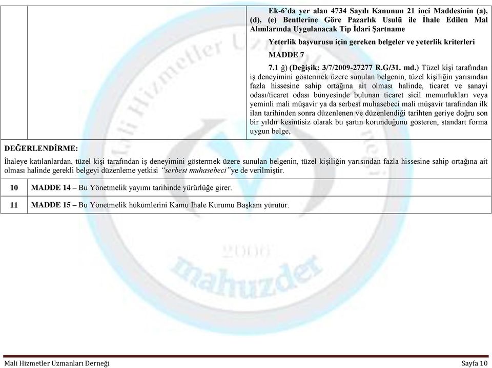 ) Tüzel kişi tarafından iş deneyimini göstermek üzere sunulan belgenin, tüzel kişiliğin yarısından fazla hissesine sahip ortağına ait olması halinde, ticaret ve sanayi odası/ticaret odası bünyesinde