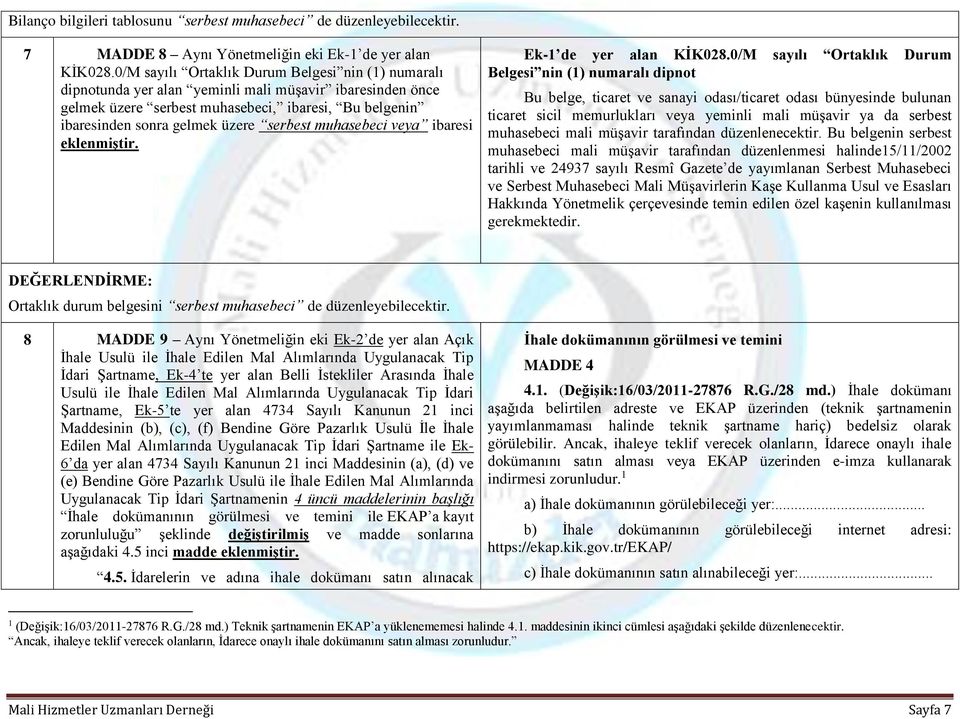 serbest muhasebeci veya ibaresi eklenmiştir. Ek-1 de yer alan KİK028.