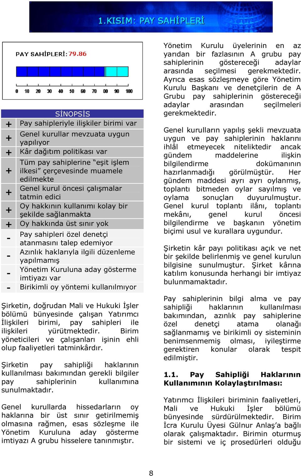 - yapılmamış Yönetim Kuruluna aday gösterme - imtiyazı var - Birikimli oy yöntemi kullanılmıyor Şirketin, doğrudan Mali ve Hukuki İşler bölümü bünyesinde çalışan Yatırımcı İlişkileri birimi, pay