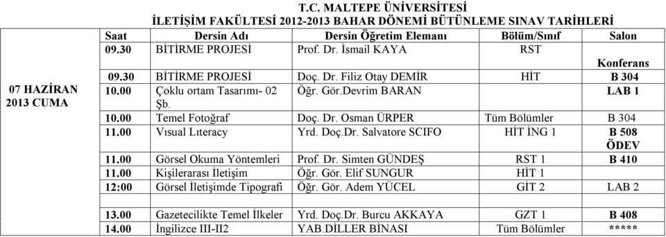 00 Vısual Lıteracy Yrd. Doç.Dr. Salvatore SCIFO HİT İNG 1 B 508 ÖDEV 11.00 Görsel Okuma Yöntemleri Prof. Dr. Simten GÜNDEŞ RST 1 B 410 11.00 Kişilerarası İletişim Öğr. Gör. Elif SUNGUR HİT 1 12:00 Görsel İletişimde Tipografi Öğr.