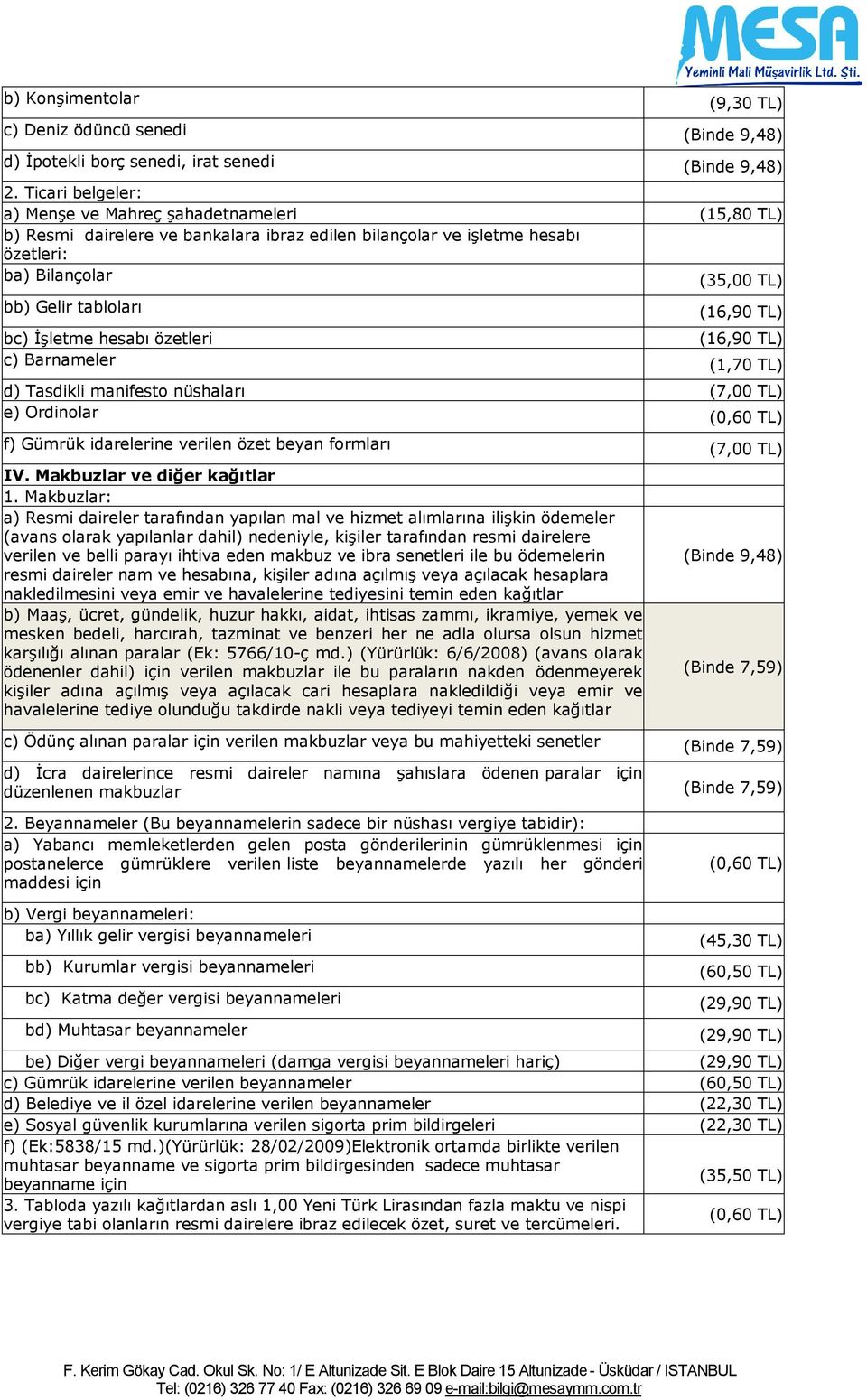 TL) bc) İşletme hesabı özetleri (16,90 TL) c) Barnameler (1,70 TL) d) Tasdikli manifesto nüshaları (7,00 TL) e) Ordinolar (0,60 TL) f) Gümrük idarelerine verilen özet beyan formları (7,00 TL) IV.