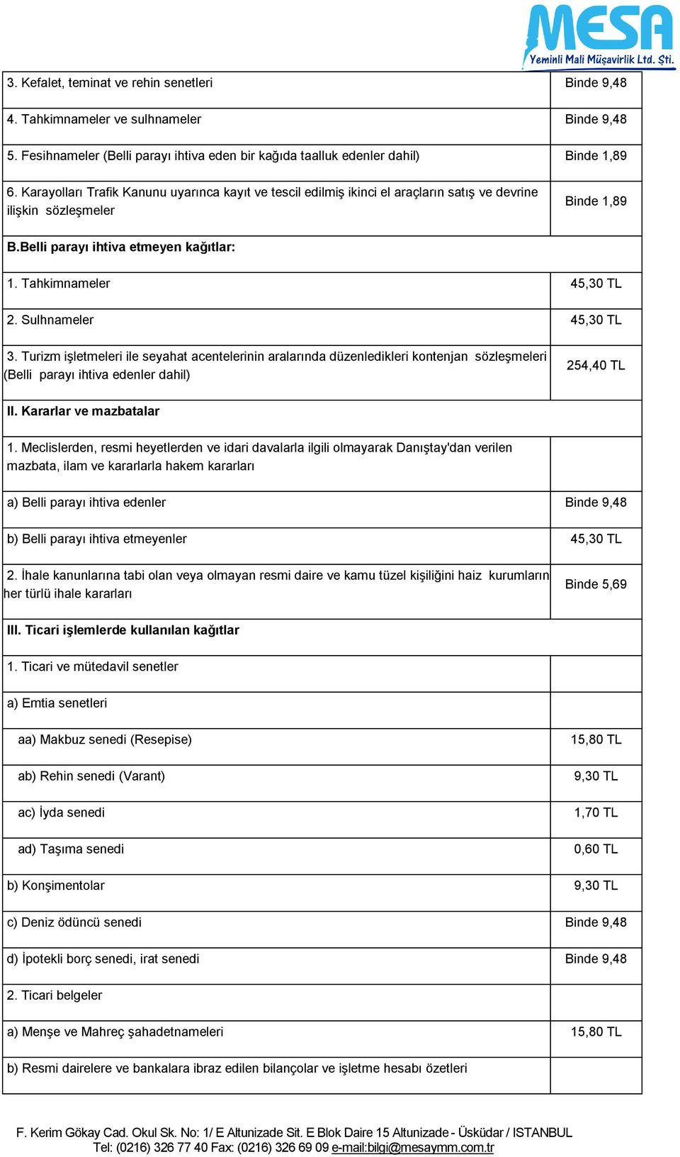 Sulhnameler 45,30 TL 3. Turizm işletmeleri ile seyahat acentelerinin aralarında düzenledikleri kontenjan sözleşmeleri (Belli parayı ihtiva edenler dahil) 254,40 TL II. Kararlar ve mazbatalar 1.