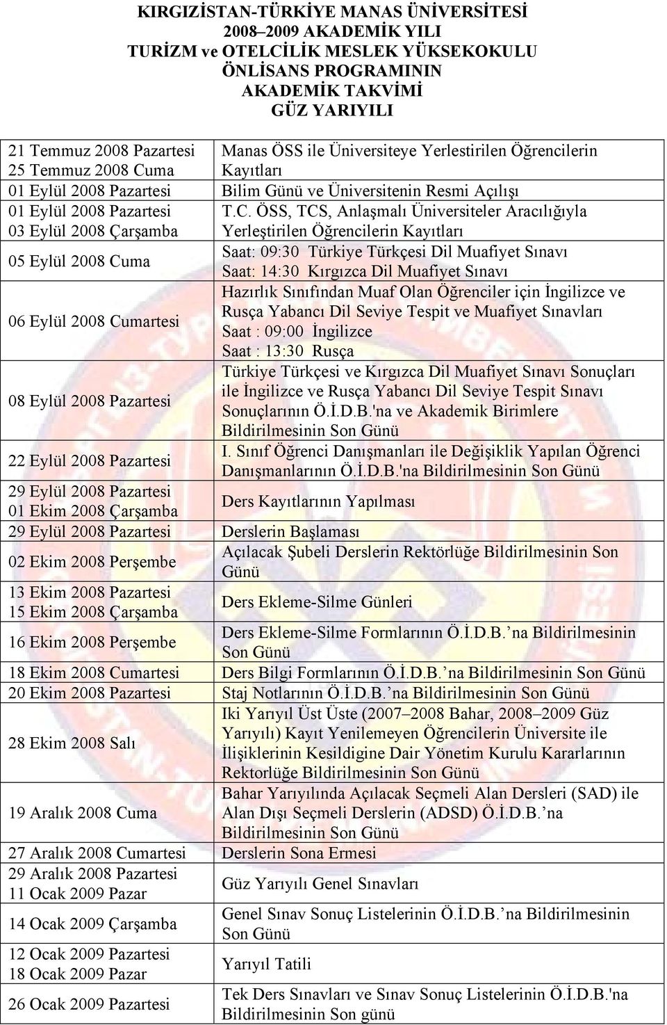 ÖSS, TCS, Anlaşmalı Üniversiteler Aracılığıyla Yerleştirilen Öğrencilerin Kayıtları 05 Eylül 2008 Cuma Saat: 09:30 Türkiye Türkçesi Dil Muafiyet Sınavı Saat: 14:30 Kırgızca Dil Muafiyet Sınavı