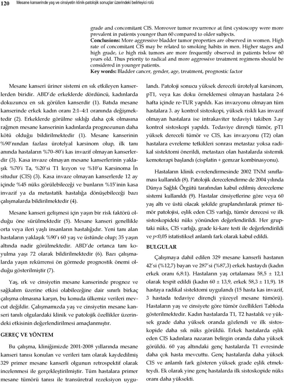 High rate of concomitant CIS may be related to smoking habits in men. Higher stages and high grade, i.e high risk tumors are more frequently observed in patients below 60 years old.