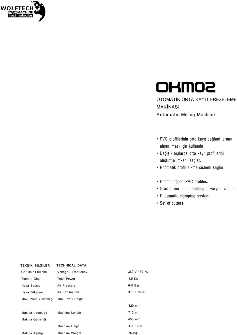 Pneumatic clamping system. Set of cutters. TEKNİK BİLGİLER TECHNICAL DATA Gerilim / Frekans Voltage / Frequency 380 V / 50 Hz Toplam Güç Total Power 1.