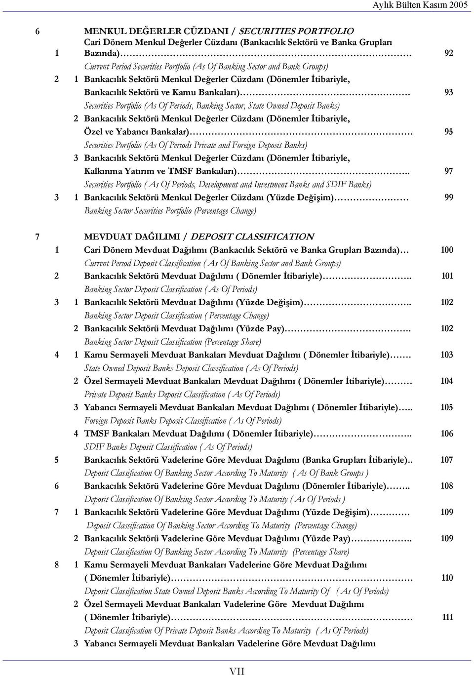 93 Securities Portfolio (As Of Periods, Banking Sector, State Owned Deposit Banks) 2 Bankacılık Sektörü Menkul Değerler Cüzdanı (Dönemler İtibariyle, Özel ve Yabancı Bankalar) 95 Securities Portfolio