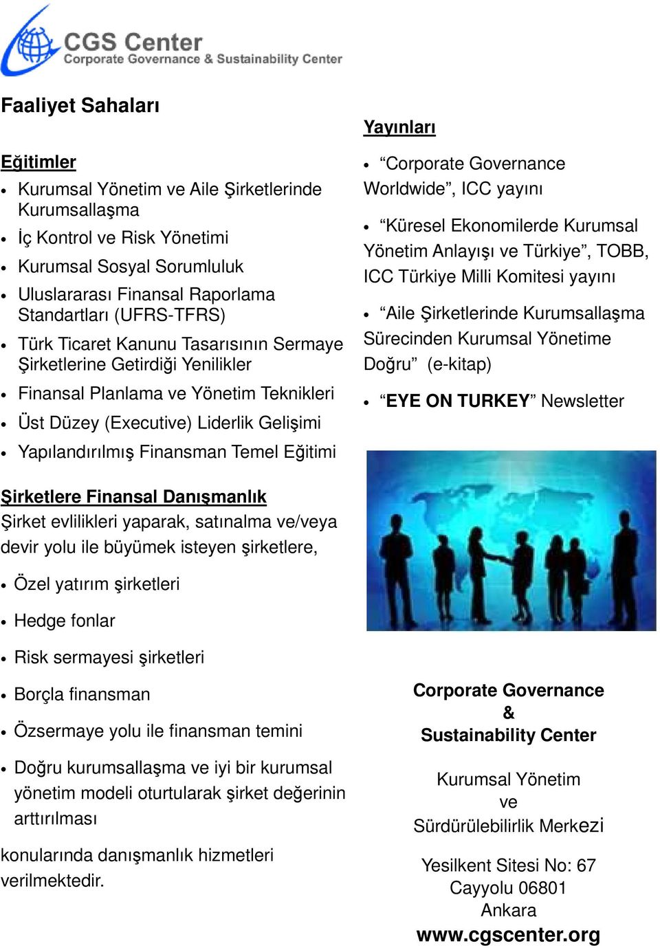 yayını Küresel Ekonomilerde Kurumsal Yönetim Anlayışı ve Türkiye, TOBB, ICC Türkiye Milli Komitesi yayını Aile Şirketlerinde Kurumsallaşma Sürecinden Kurumsal Yönetime Doğru (e-kitap) EYE ON TURKEY