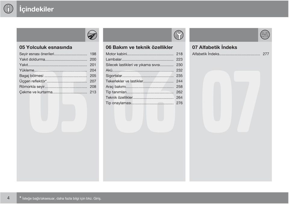 .. 218 Alfabetik İndeks... 277 Lambalar... 223 07 Silecek lastikleri ve yıkama sıvısı... 230 Akü... 232 Sigortalar.