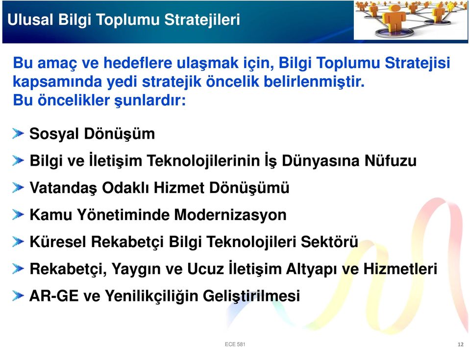 Bu öncelikler şunlardır: Sosyal Dönüşüm Bilgi ve İletişim Teknolojilerinin İş Dünyasına Nüfuzu Vatandaş