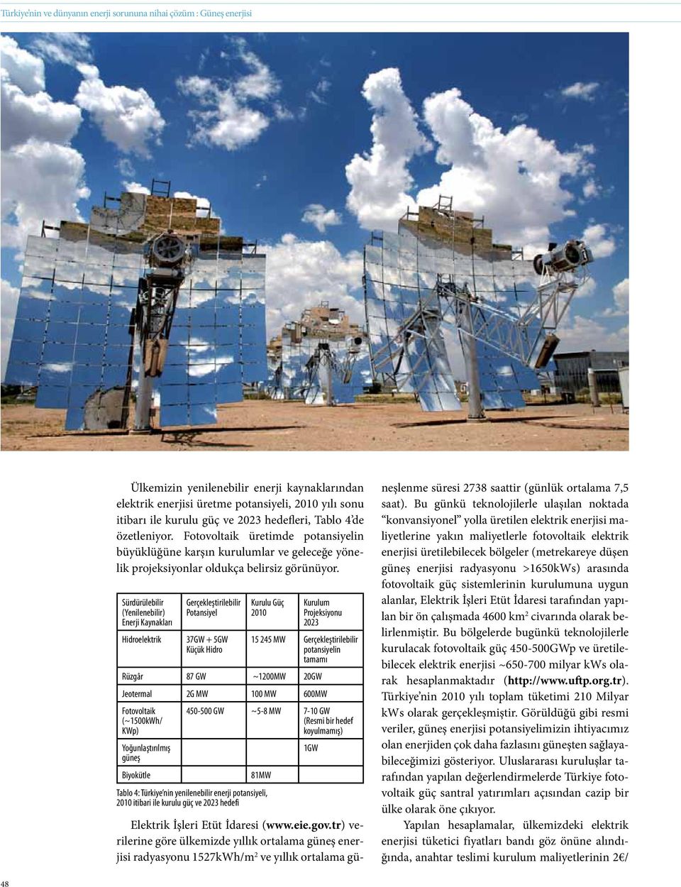 Sürdürülebilir (Yenilenebilir) Enerji Kaynakları Hidroelektrik Gerçekleştirilebilir Potansiyel 37GW + 5GW Küçük Hidro Kurulu Güç 2010 Kurulum Projeksiyonu 2023 15 245 MW Gerçekleştirilebilir