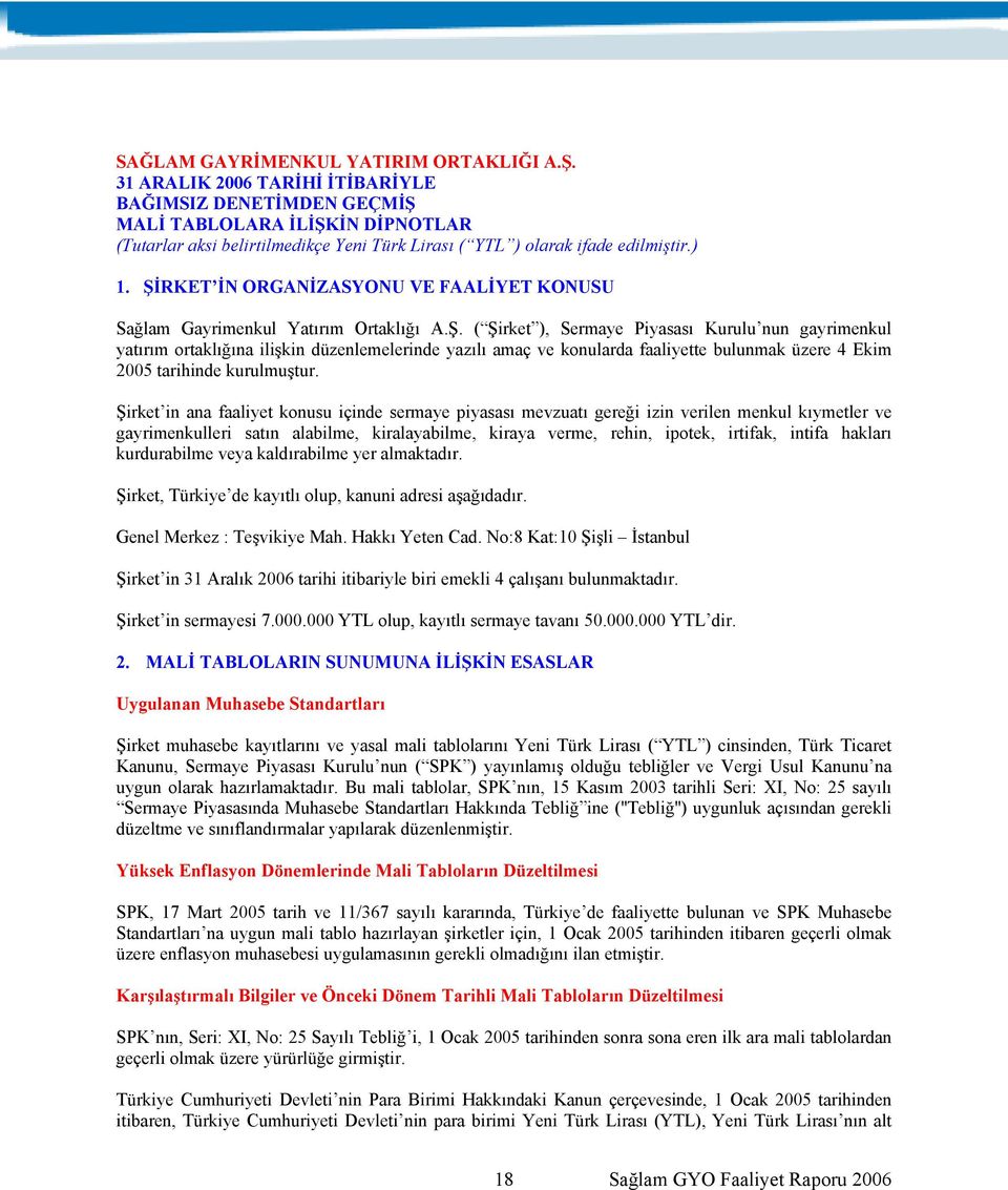 ŞİRKET İN ORGANİZASYONU VE FAALİYET KONUSU Sağlam Gayrimenkul Yatırım Ortaklığı A.Ş. ( Şirket ), Sermaye Piyasası Kurulu nun gayrimenkul yatırım ortaklığına ilişkin düzenlemelerinde yazılı amaç ve konularda faaliyette bulunmak üzere 4 Ekim 2005 tarihinde kurulmuştur.