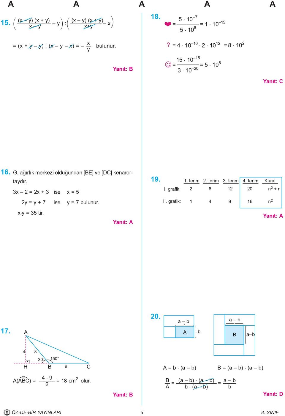 terim 4. terim Kural I. grafik: 2 6 12 20 n 2 + n II. grafik: 1 4 9 16 n 2 x y = 35 tir. 17. A 20.