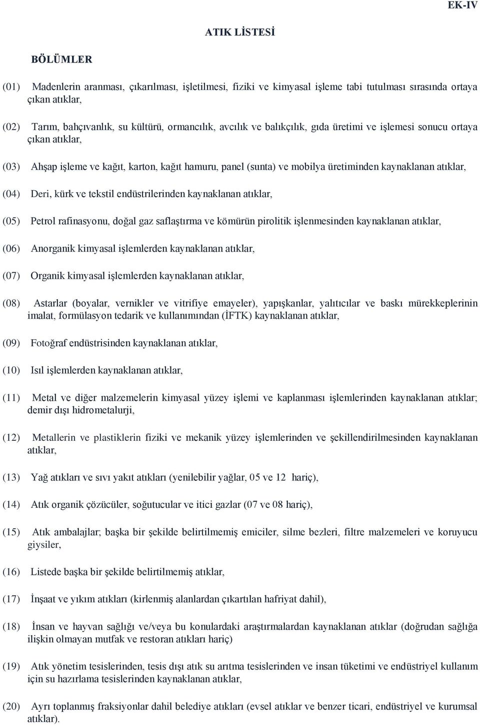 (04) Deri, kürk ve tekstil endüstrilerinden kaynaklanan atıklar, (05) Petrol rafinasyonu, doğal gaz saflaştırma ve kömürün pirolitik işlenmesinden kaynaklanan atıklar, (06) Anorganik kimyasal