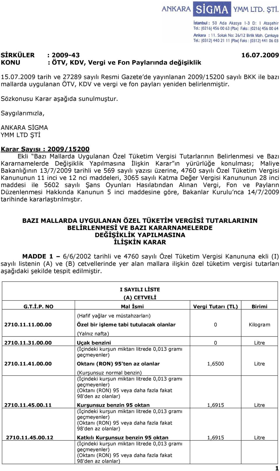 Saygılarımızla, ANKARA SĐGMA YMM LTD ŞTĐ Karar Sayısı : 2009/15200 Ekli Bazı Mallarda Uygulanan Özel Tüketim Vergisi Tutarlarının Belirlenmesi ve Bazı Kararnamelerde Değişiklik Yapılmasına Đlişkin