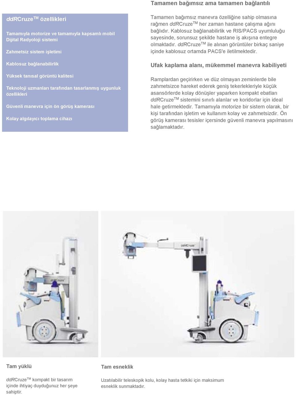 sahip olmasına rağmen ddrcruze TM her zaman hastane çalışma ağını bağlıdır. Kablosuz bağlanabilirlik ve RIS/PACS uyumluluğu sayesinde, sorunsuz şekilde hastane iş akışına entegre olmaktadır.