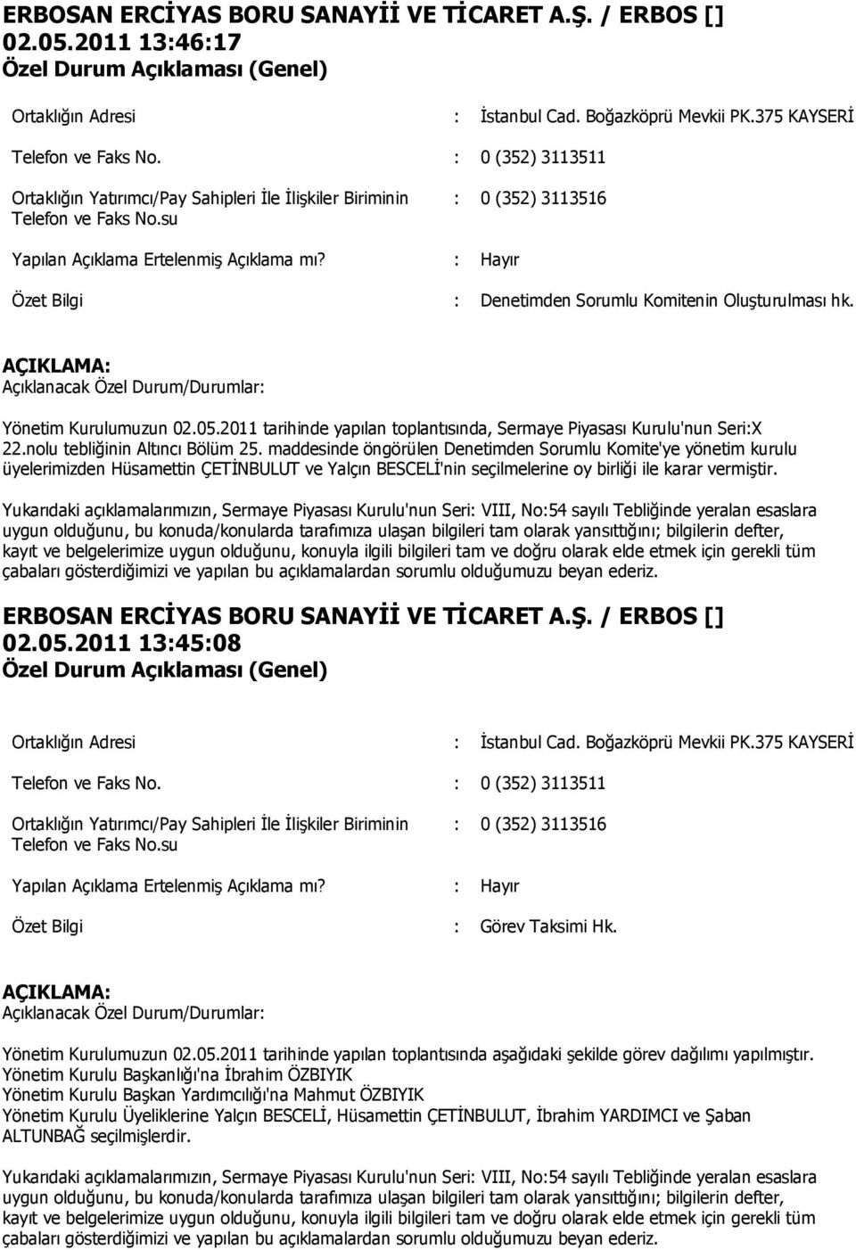 2011 tarihinde yapılan toplantısında, Sermaye Piyasası Kurulu'nun Seri:X 22.nolu tebliğinin Altıncı Bölüm 25.