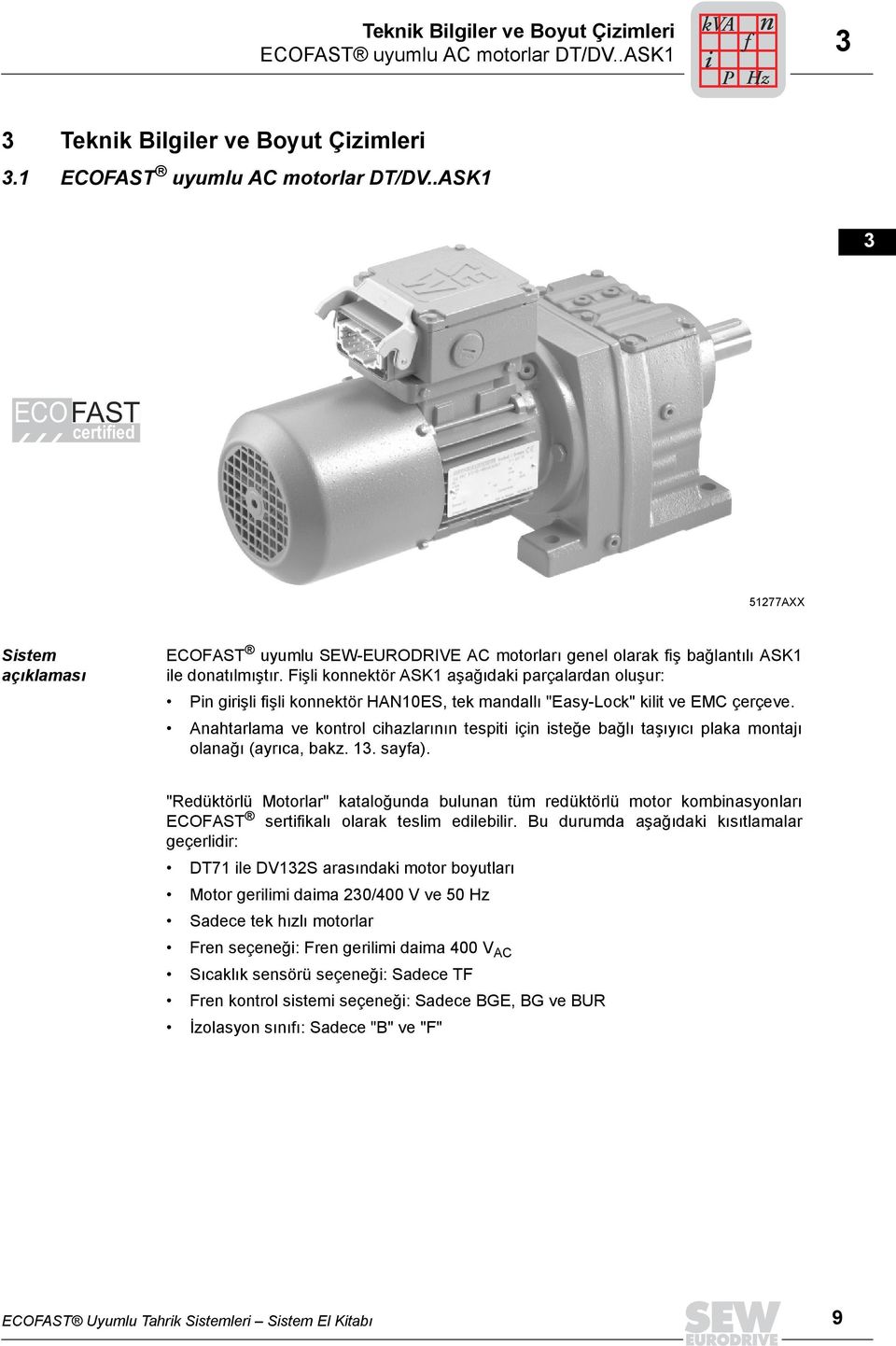 .ASK ECOFAST certified 6 8 9 Sistem açõklamasõ AXX ECOFAST uyumlu SEW-EURODRIVE AC motorlarõ genel olarak fiş bağlantõlõ ASK ile donatõlmõştõr.