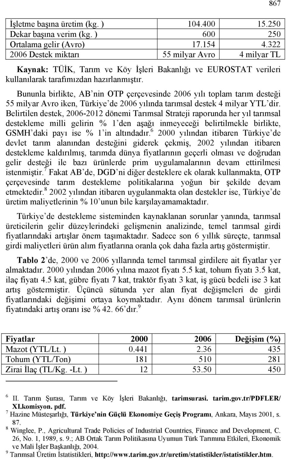 Bununla birlikte, AB nin OTP çerçevesinde 2006 yılı toplam tarım desteği 55 milyar Avro iken, Türkiye de 2006 yılında tarımsal destek 4 milyar YTL dir.