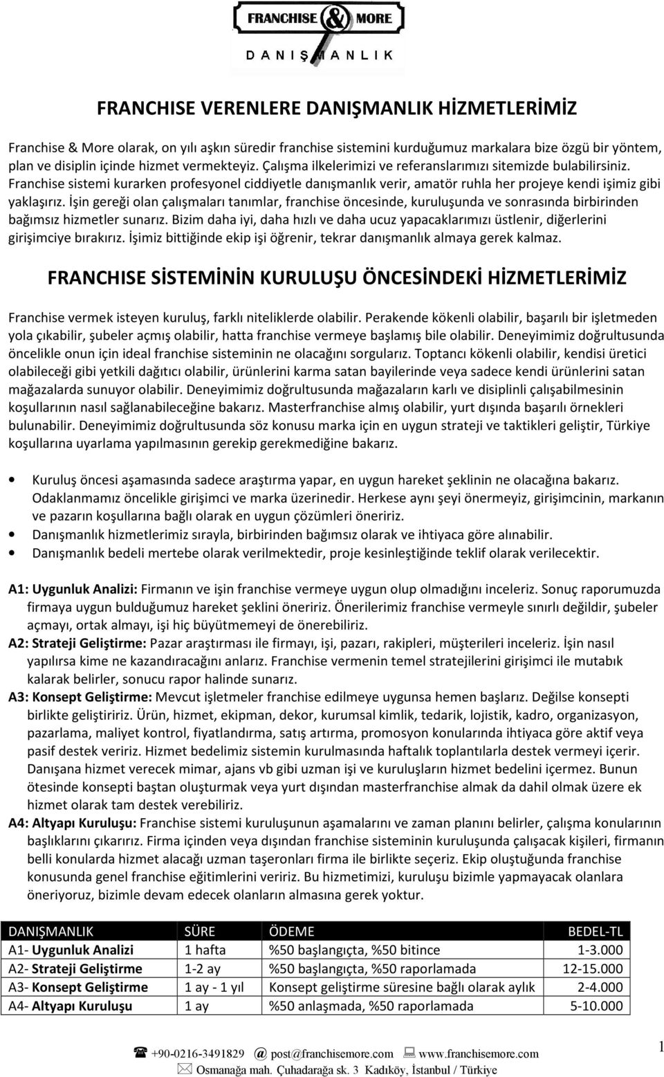 İşin gereği olan çalışmaları tanımlar, franchise öncesinde, kuruluşunda ve sonrasında birbirinden bağımsız hizmetler sunarız.