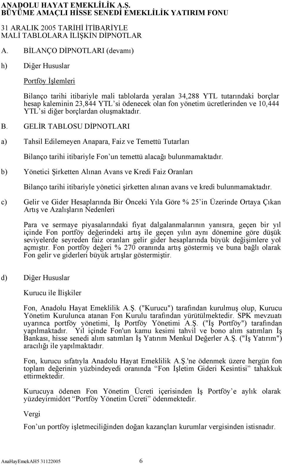 GELİR TABLOSU DİPNOTLARI a) Tahsil Edilemeyen Anapara, Faiz ve Temettü Tutarları Bilanço tarihi itibariyle Fon un temettü alacağı bulunmamaktadır.