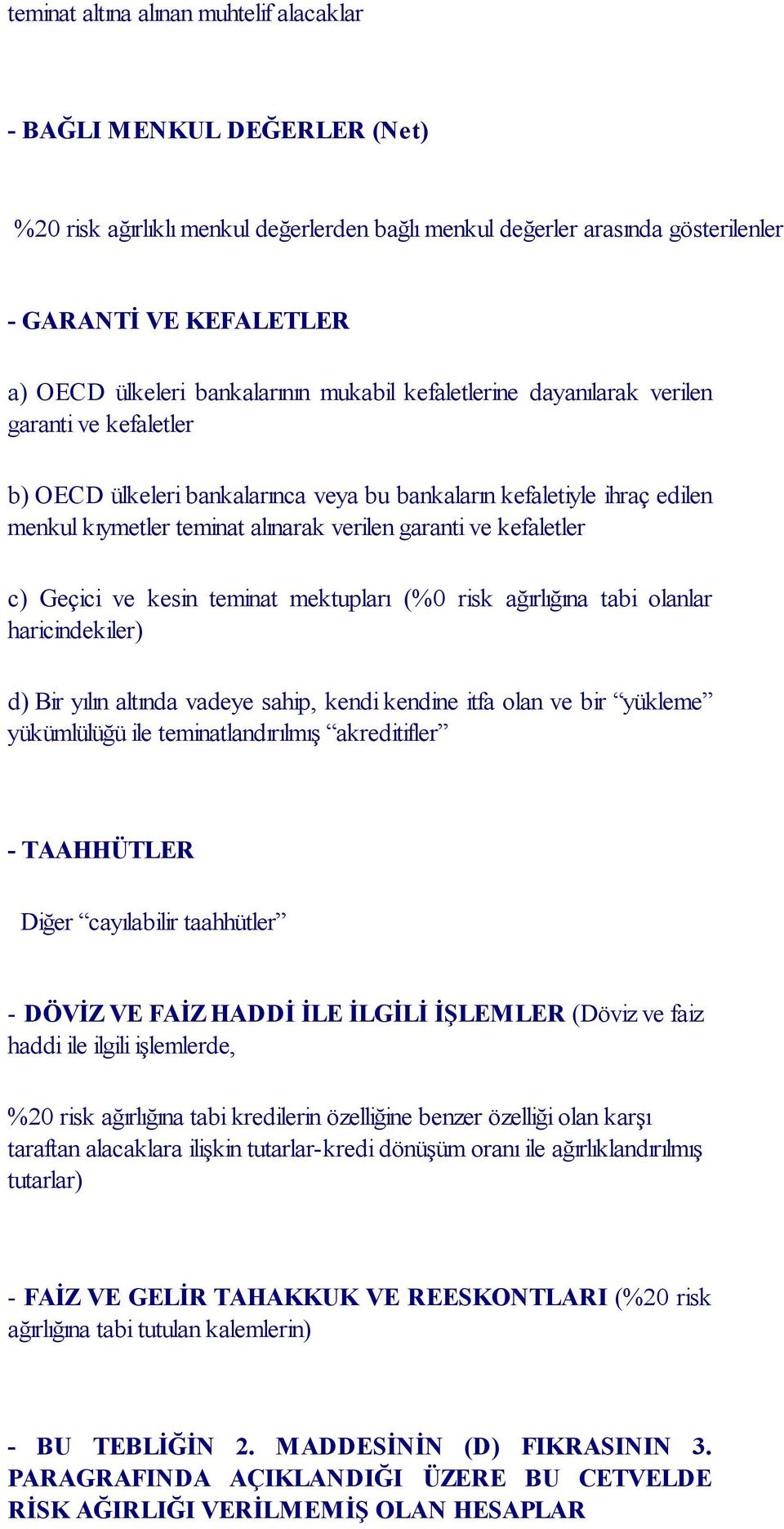 garanti ve kefaletler c) Geçici ve kesin teminat mektupları (%0 risk ağırlığına tabi olanlar haricindekiler) d) Bir yılın altında vadeye sahip, kendi kendine itfa olan ve bir yükleme yükümlülüğü ile