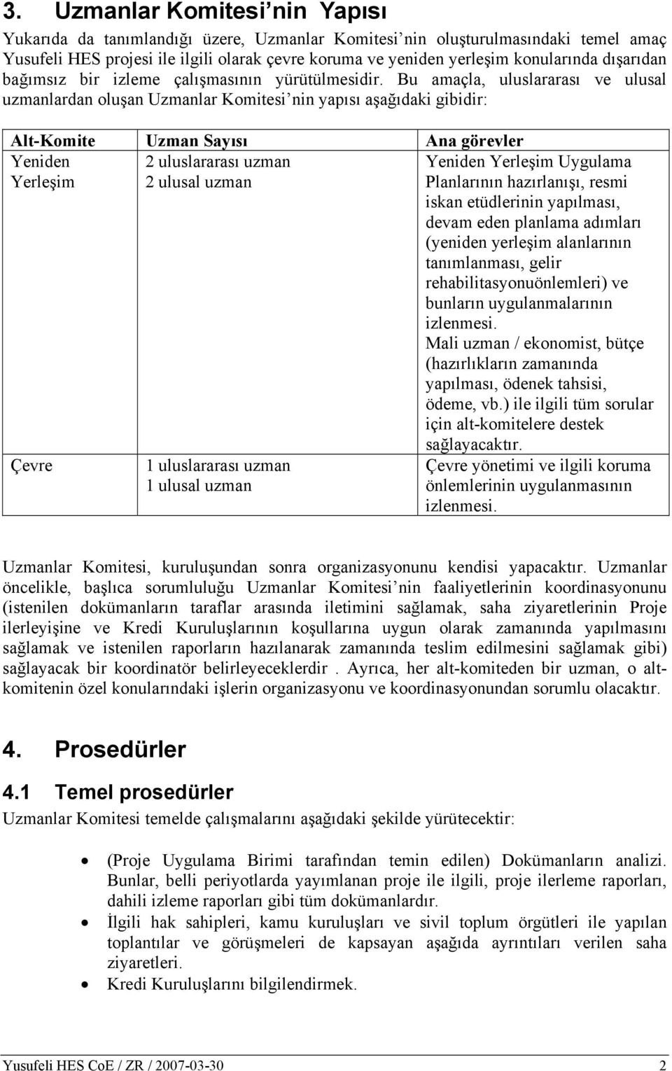 Bu amaçla, uluslararası ve ulusal uzmanlardan oluşan Uzmanlar Komitesi nin yapısı aşağıdaki gibidir: Alt-Komite Uzman Sayısı Ana görevler Yeniden Yerleşim 2 uluslararası uzman 2 ulusal uzman Yeniden