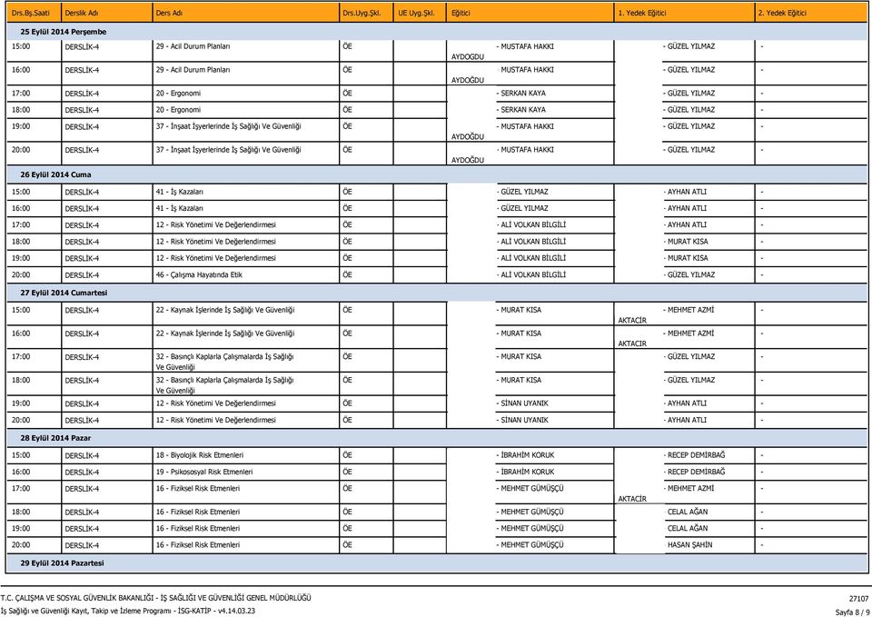 İşyerlerinde İş Sağlığı Ve ÖE 23204645624 - MUSTAFA HAKKI 26 Eylül 2014 Cuma 15:00 DERSLİK-4 41 - İş Kazaları ÖE 12163358874 - GÜZEL YILMAZ 13964792416 - AYHAN ATLI - 16:00 DERSLİK-4 41 - İş Kazaları