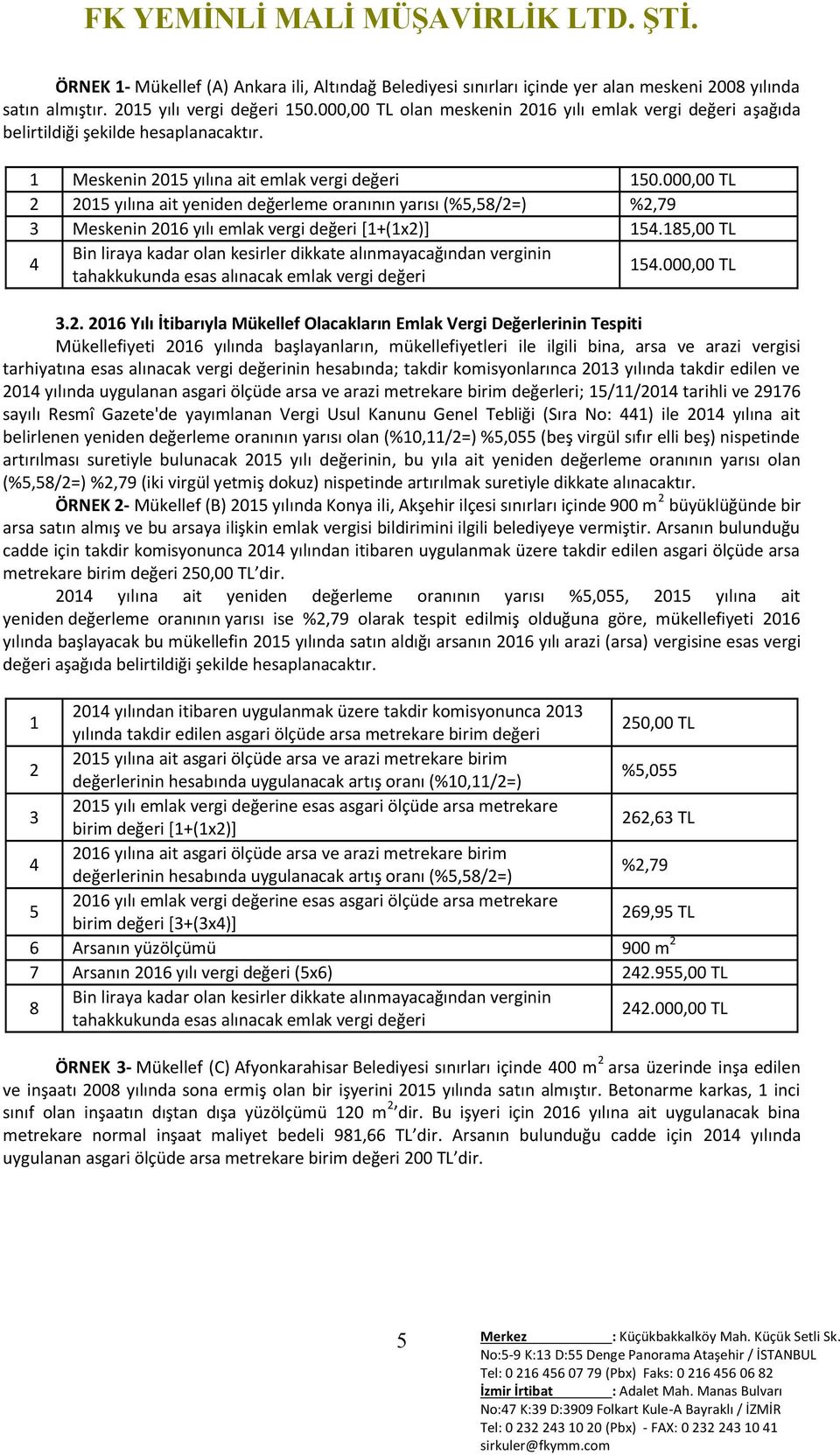 000,00 TL 2 2015 yılına ait yeniden değerleme oranının yarısı (%5,58/2=) %2,79 3 Meskenin 2016 yılı emlak vergi değeri [1+(1x2)] 154.