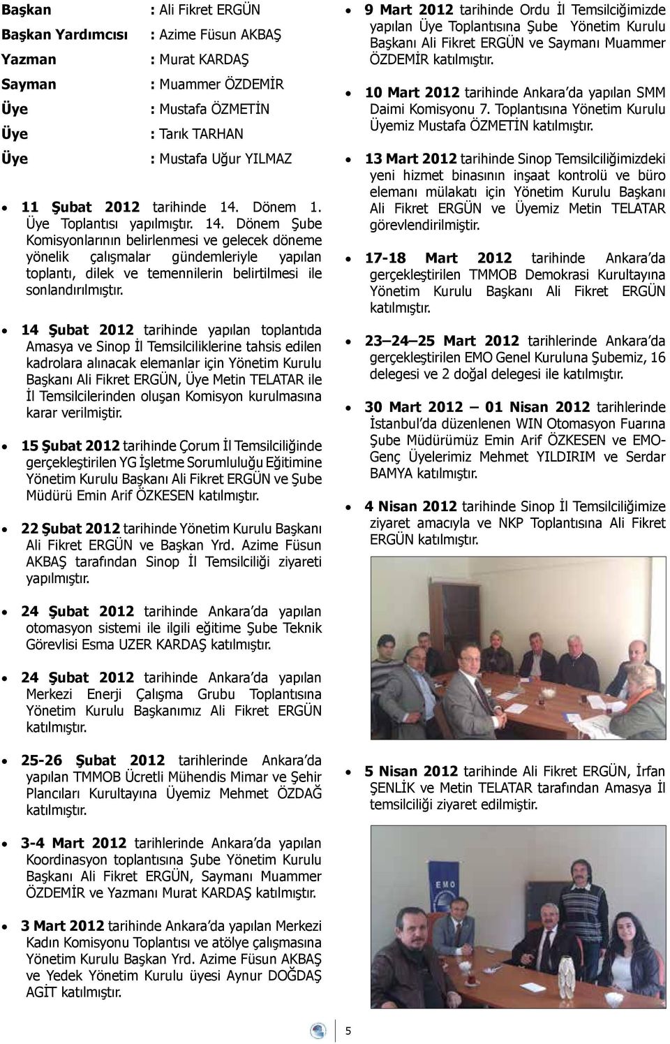 14 Şubat 2012 tarihinde yapılan toplantıda Amasya ve Sinop İl Temsilciliklerine tahsis edilen kadrolara alınacak elemanlar için Yönetim Kurulu Başkanı Ali Fikret ERGÜN, Üye Metin TELATAR ile İl