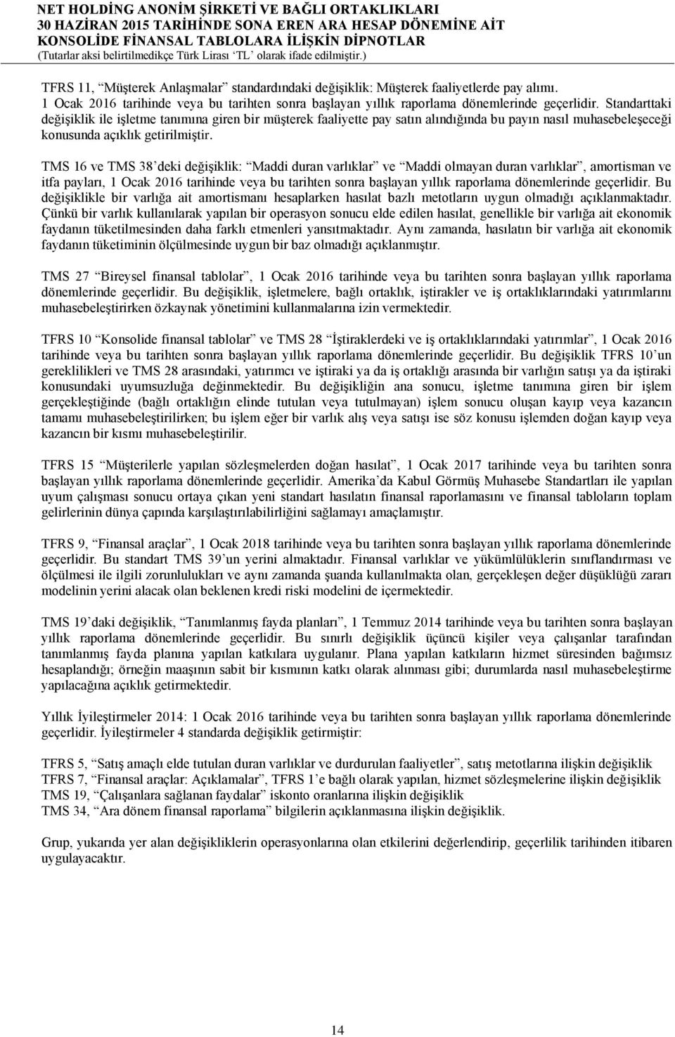 TMS 16 ve TMS 38 deki değişiklik: Maddi duran varlıklar ve Maddi olmayan duran varlıklar, amortisman ve itfa payları, 1 Ocak 2016 tarihinde veya bu tarihten sonra başlayan yıllık raporlama