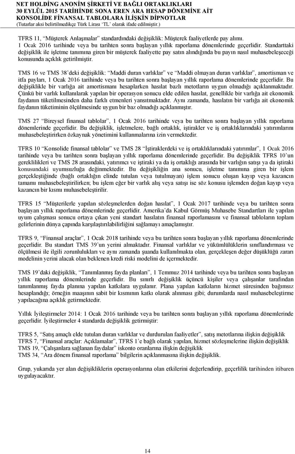 TMS 16 ve TMS 38 deki değişiklik: Maddi duran varlıklar ve Maddi olmayan duran varlıklar, amortisman ve itfa payları, 1 Ocak 2016 tarihinde veya bu tarihten sonra başlayan yıllık raporlama