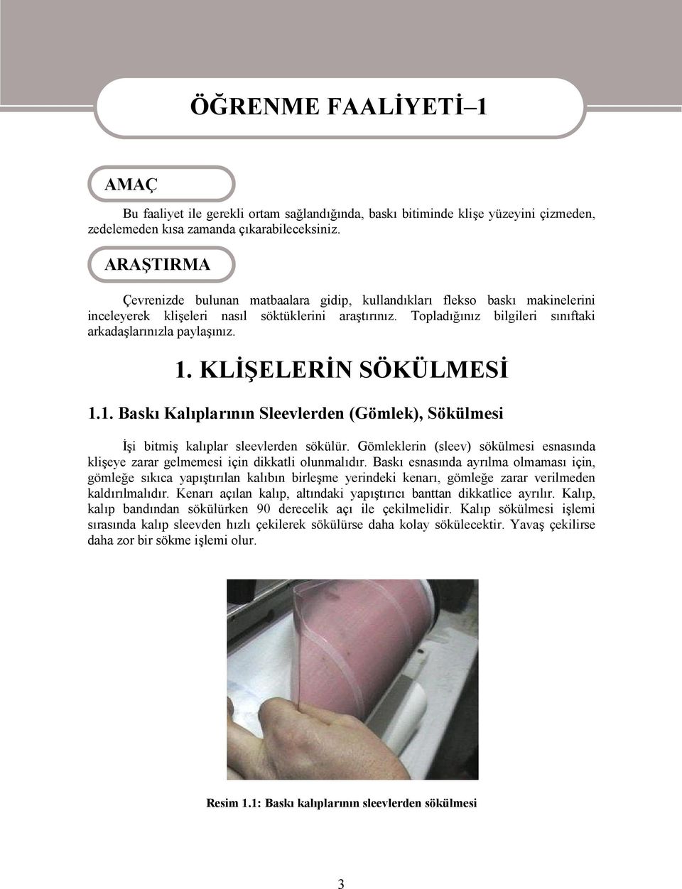 Topladığınız bilgileri sınıftaki arkadaşlarınızla paylaşınız. 1. KLİŞELERİN SÖKÜLMESİ 1.1. Baskı Kalıplarının Sleevlerden (Gömlek), Sökülmesi İşi bitmiş kalıplar sleevlerden sökülür.