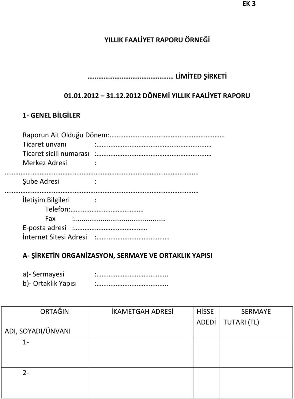 2012 DÖNEMİ YILLIK FAALİYET RAPORU Raporun Ait Olduğu Dönem: Ticaret unvanı : Ticaret sicili numarası : Merkez Adresi :