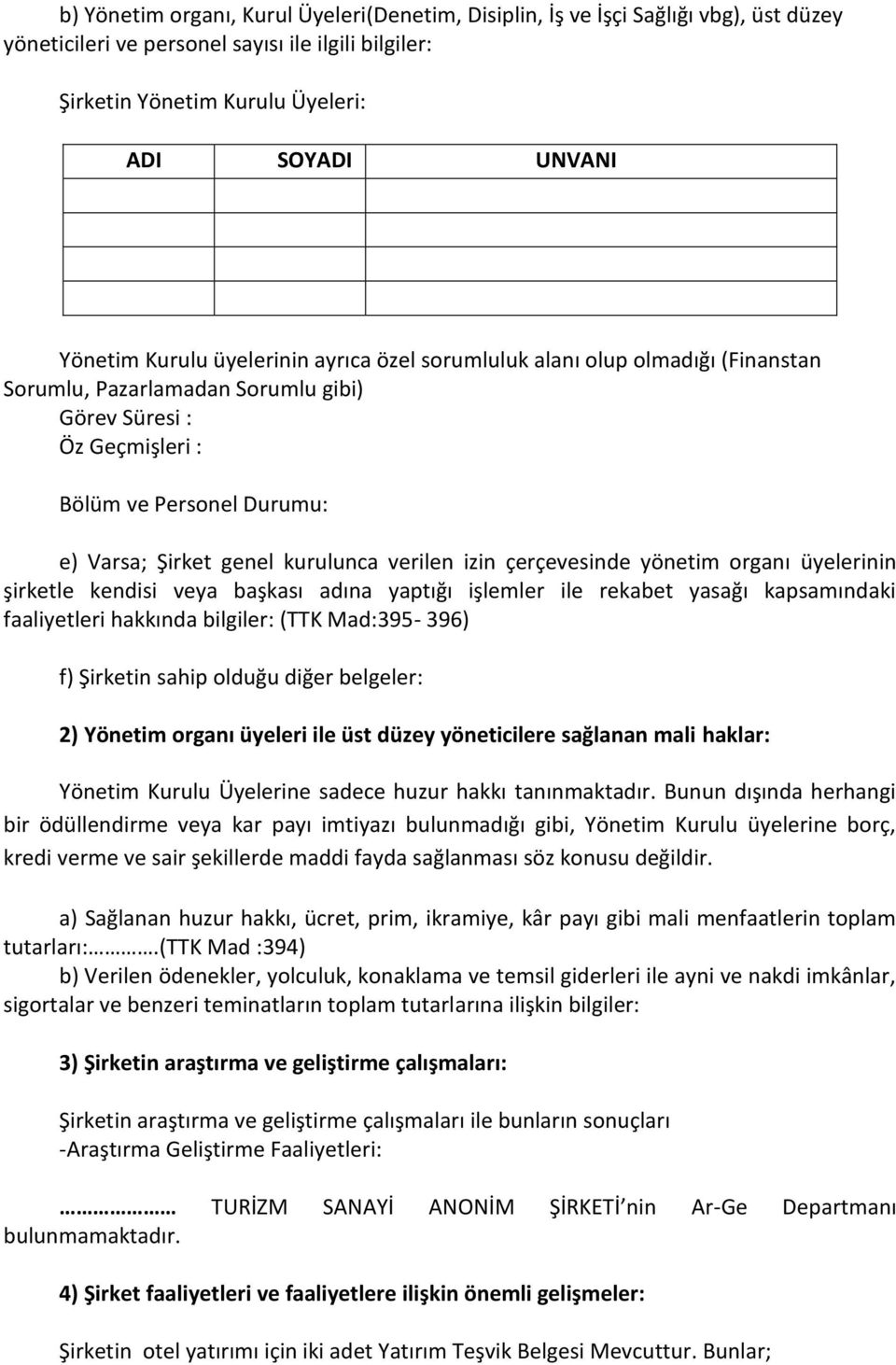 verilen izin çerçevesinde yönetim organı üyelerinin şirketle kendisi veya başkası adına yaptığı işlemler ile rekabet yasağı kapsamındaki faaliyetleri hakkında bilgiler: (TTK Mad:395-396) f) Şirketin