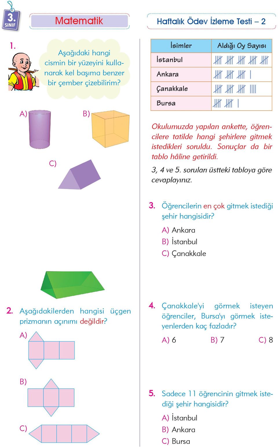 Sonuçlar da bir tablo hâline getirildi. 3, 4 ve 5. sorularý üstteki tabloya göre cevaplayýnýz. 3. Öðrencilerin en çok gitmek istediði þehir hangisidir?