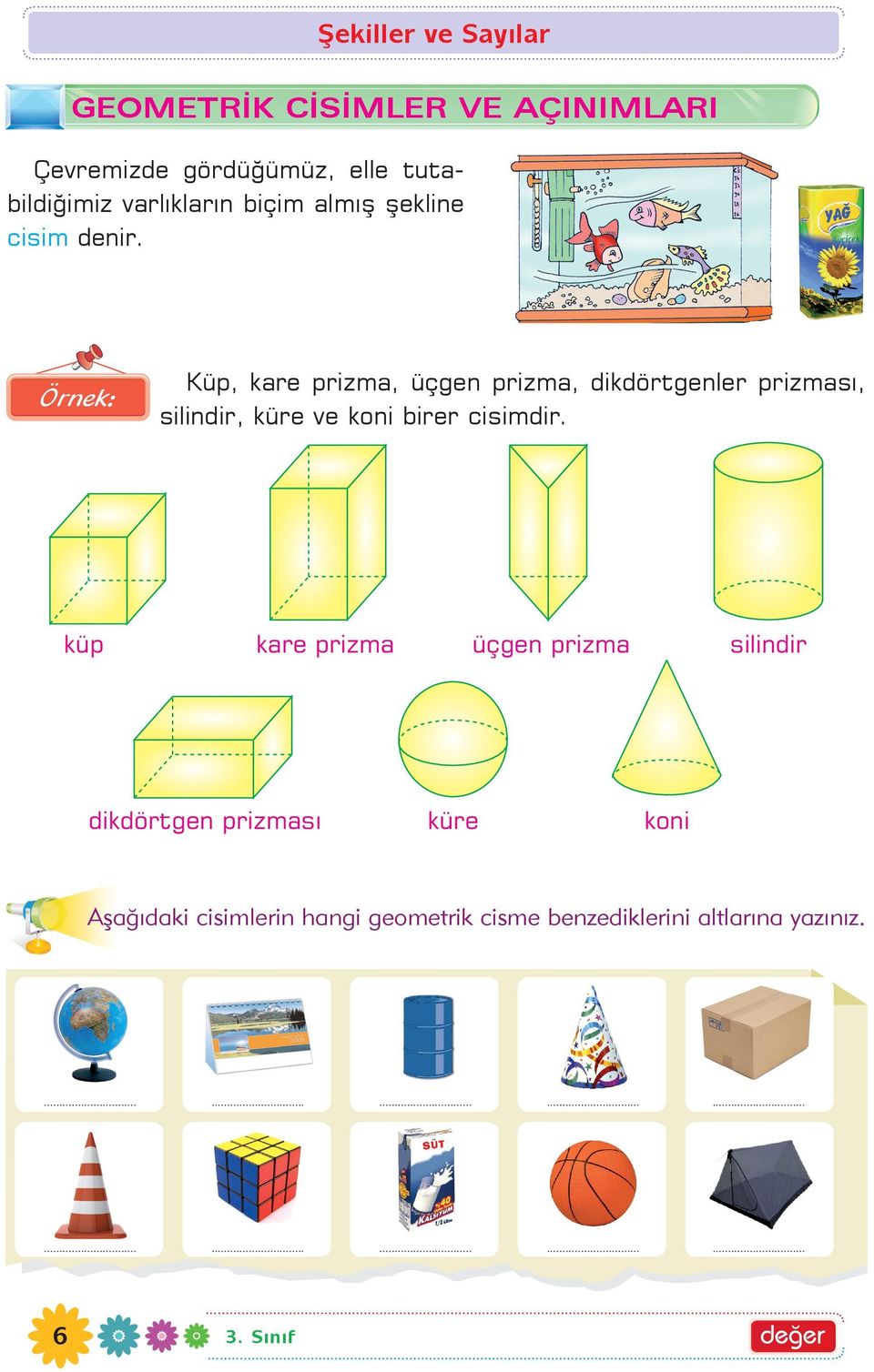 Örnek: küp Küp, kare prizma, üçgen prizma, dikdörtgenler prizmasý, silindir, küre ve koni birer