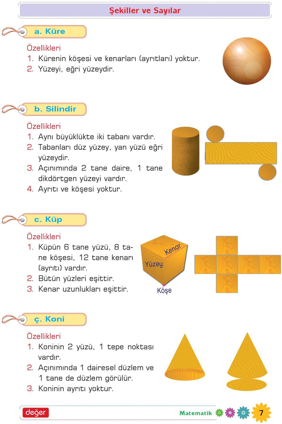 Ayrýtý ve köþesi yoktur. c. Küp Özellikleri 1. Küpün 6 tane yüzü, 8 tane köþesi, 12 tane kenarý (ayrýtý) vardýr. 2. Bütün yüzleri eþittir. 3.