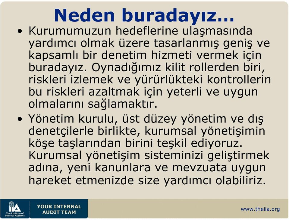 Oynadığımız kilit rollerden biri, riskleri izlemek ve yürürlükteki kontrollerin bu riskleri azaltmak için yeterli ve uygun olmalarını