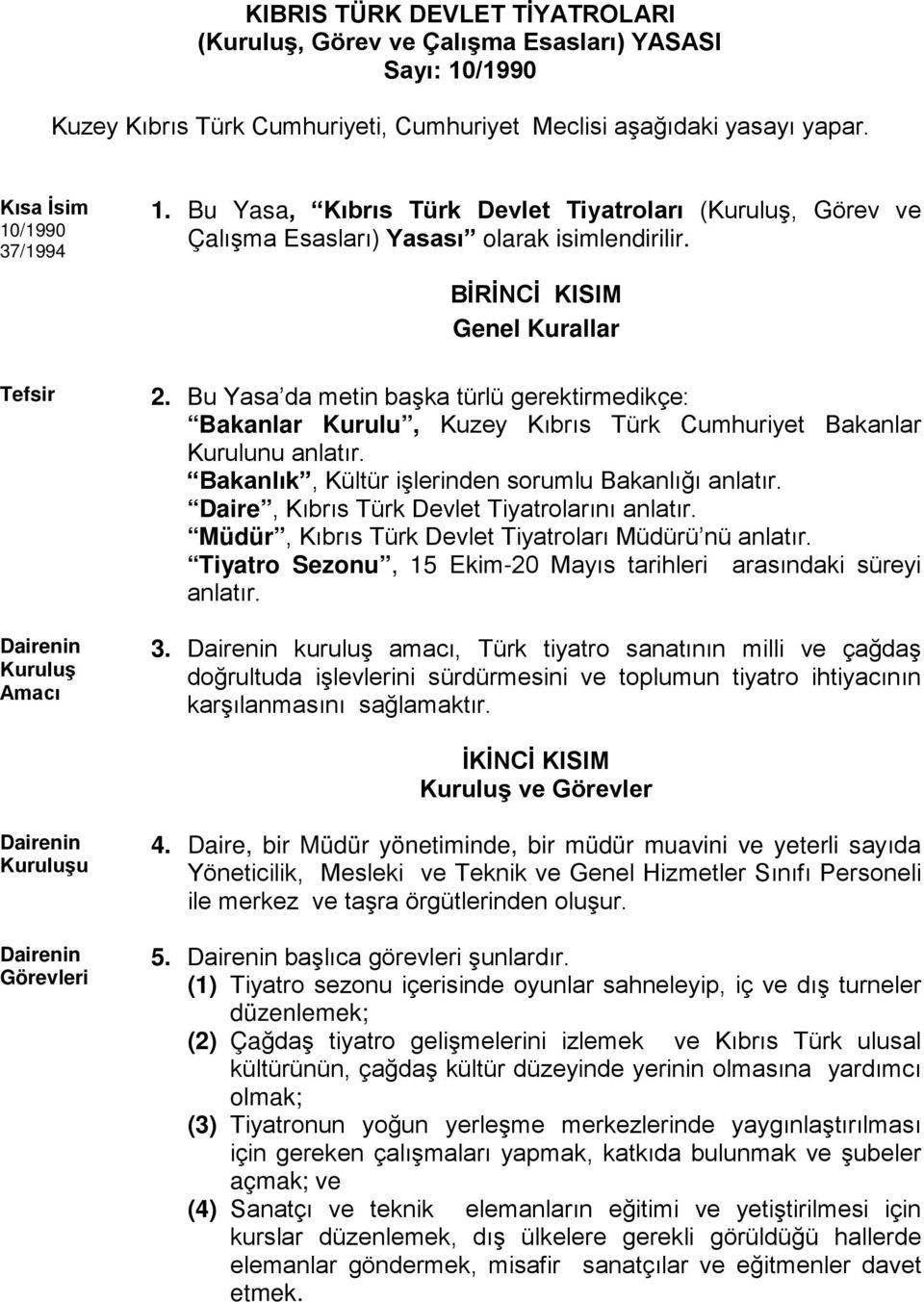 Bu Yasa da metin başka türlü gerektirmedikçe: Bakanlar Kurulu, Kuzey Kıbrıs Türk Cumhuriyet Bakanlar Kurulunu anlatır. Bakanlık, Kültür işlerinden sorumlu Bakanlığı anlatır.